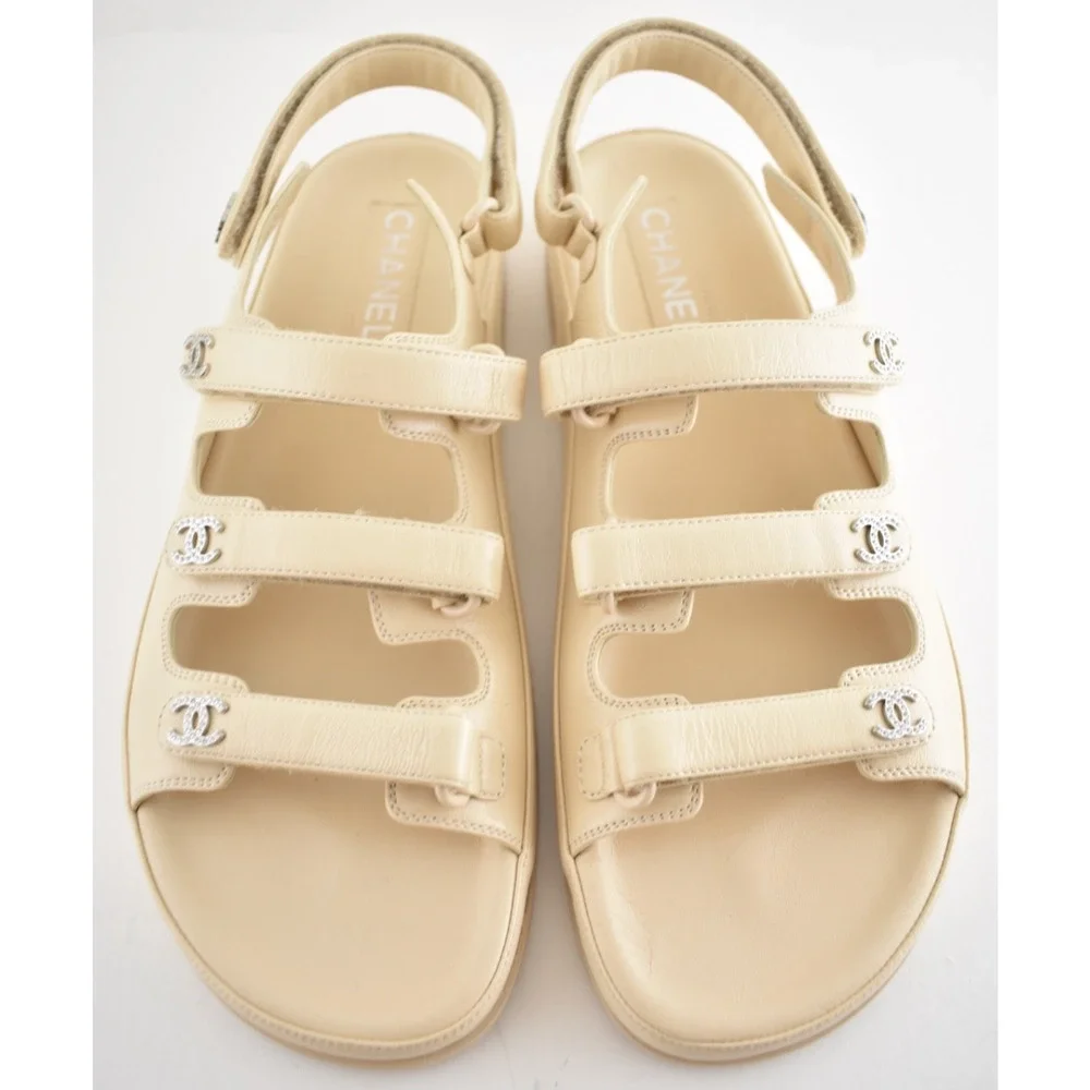 Chanel 24S Beige Leather Triple Strap CC Logo Mule Slide Teva Dad Sandal Flat 41